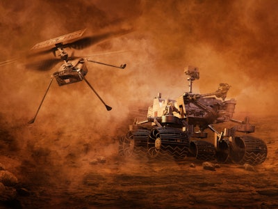 Mars rover and helicopter drone exploring surface of Mars. Image of automated robotic space autonomo...