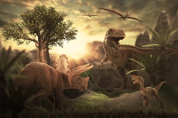 scene of the giant dinosaur destroy the park. 3D Render Photo.