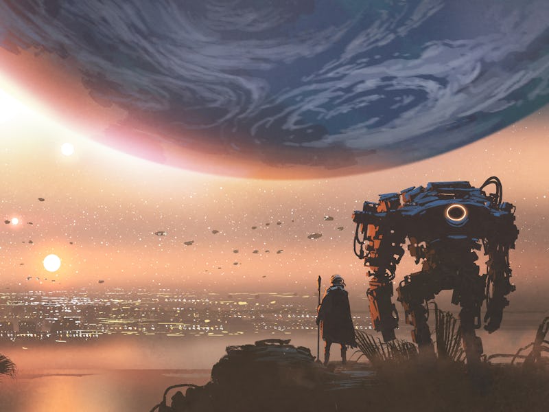 journey concept showing a man with robot looking at a new colony in the alien planet, digital art st...