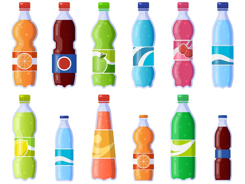 Soda drink bottles. Soft drinks in plastic bottle, sparkling soda and juice drink. Fizzy beverages i...