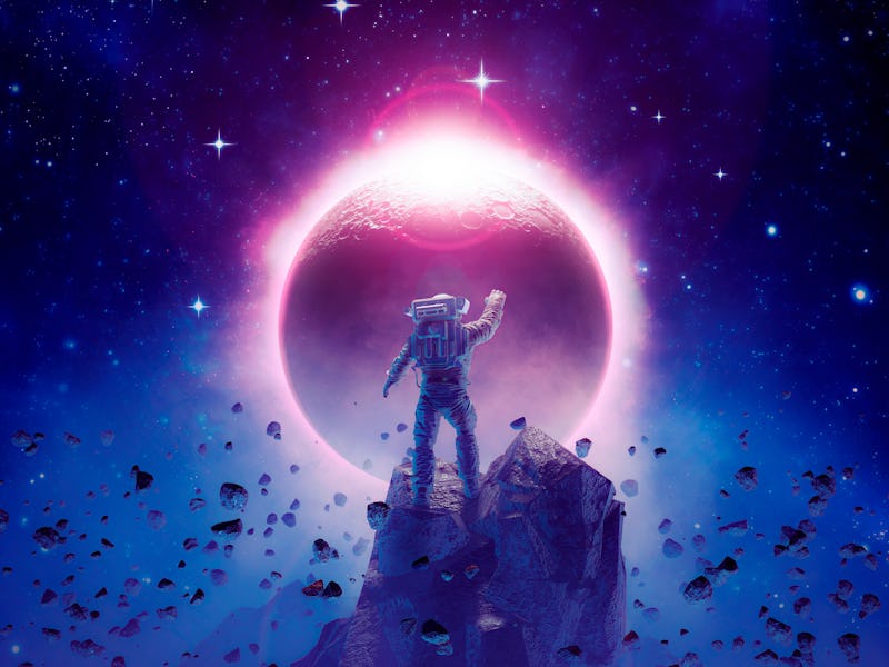 The final eclipse / 3D illustration of science fiction scene showing astronaut viewing solar eclipse...