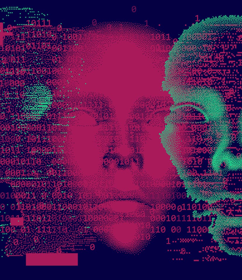 An abstract art piece depicting the front of faces in neon green and pink in a hyper-disconnected, h...