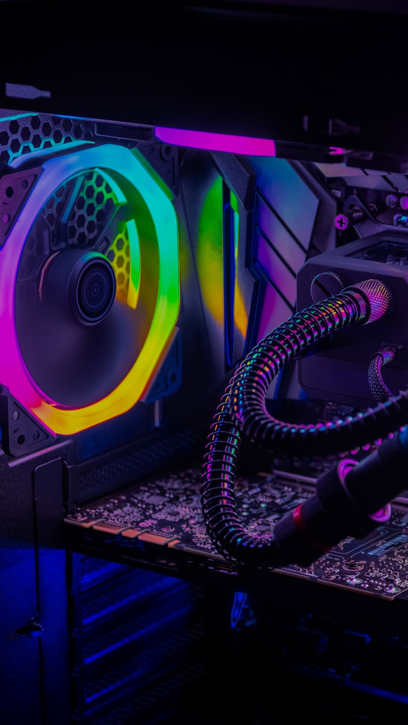 Gaming PC with RGB LED lights on a computer, assembled with hardware components