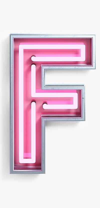 Bright Neon Font with fluorescent pink tubes. Letter F. Night Show Alphabet. 3d Rendering Isolated o...