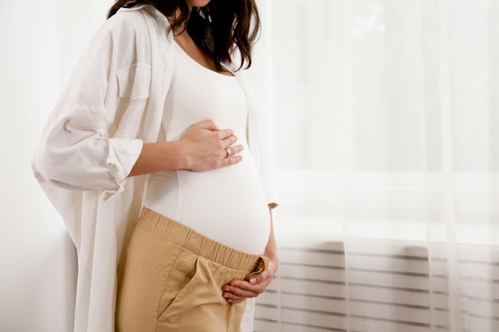 Portrait shot of young beautiful woman on second trimester of pregnancy. Close up of pregnant female...
