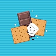 Marshmallow Cartoon Character , chocolate and Graham Crackers.
S’more vector illustration. Isolated objects on a striped background.