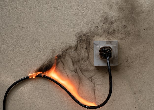 On fire electric wire plug Receptacle on the concrete wall exposed concrete background with copy spa...