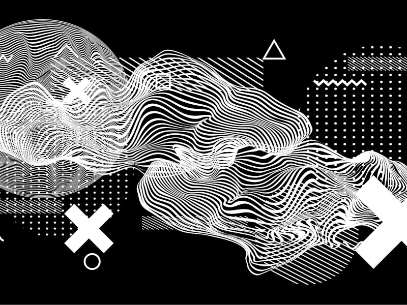 Abstract minimal vector black and white poster template with glitched generative art geometric compo...