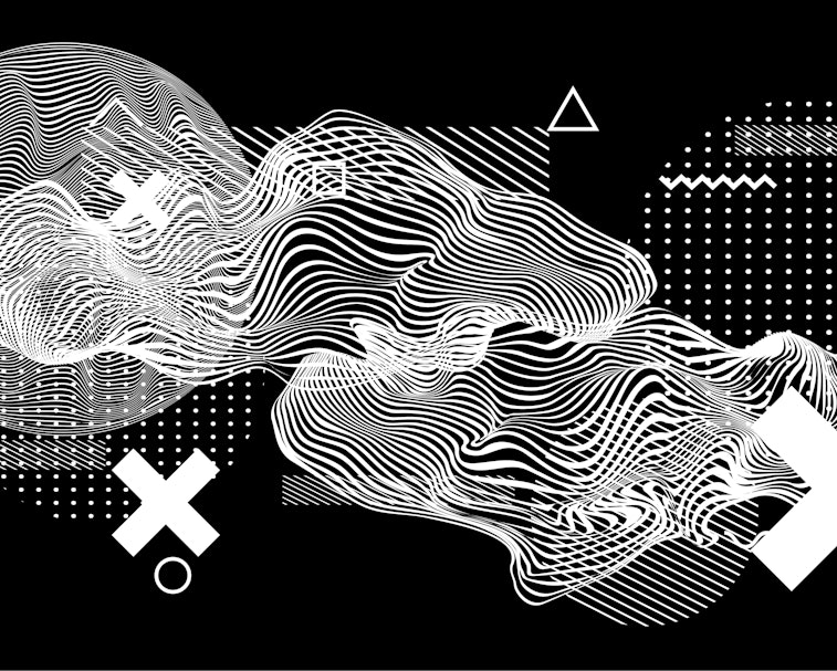 Abstract minimal vector black and white poster template with glitched generative art geometric compo...