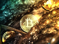 Bitcoin mining in deep golden cave - 3d illustration.
