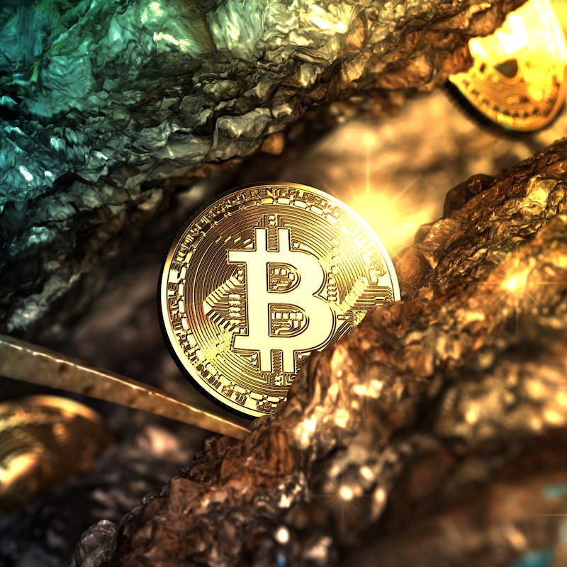 Bitcoin mining in deep golden cave - 3d illustration.
