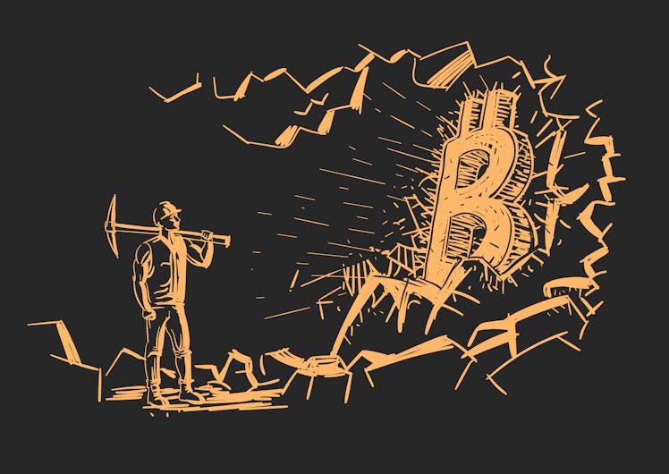 illustration of miner in front of a bitcoin