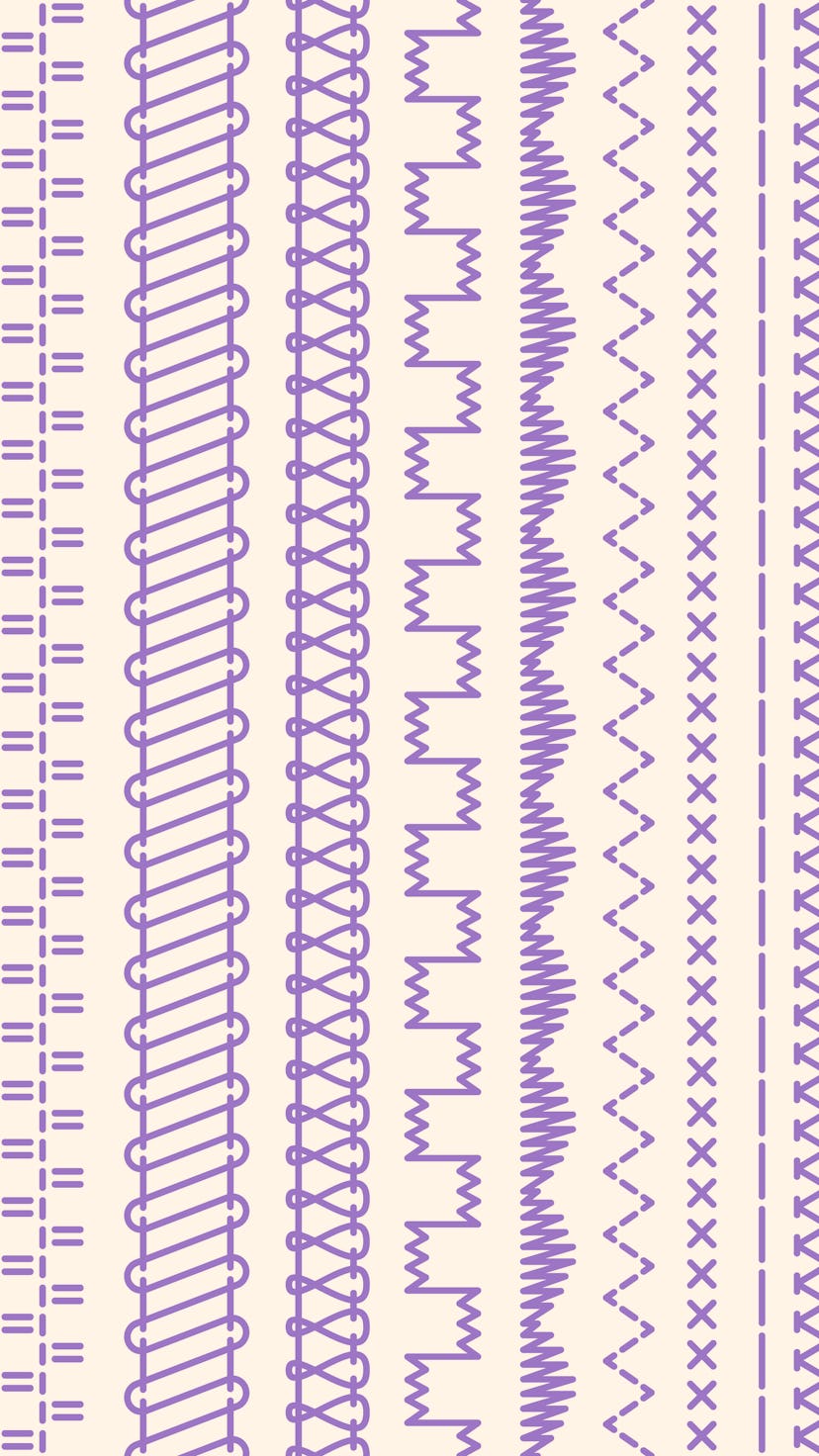 Sewing machine stitches. Stitching seams, stitched sew seamless pattern brush and embroidery sews st...