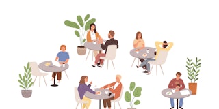 People sitting at tables in cafe or restaurant vector flat illustration. Man, woman and couple talki...