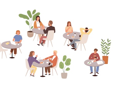 People sitting at tables in cafe or restaurant vector flat illustration. Man, woman and couple talki...