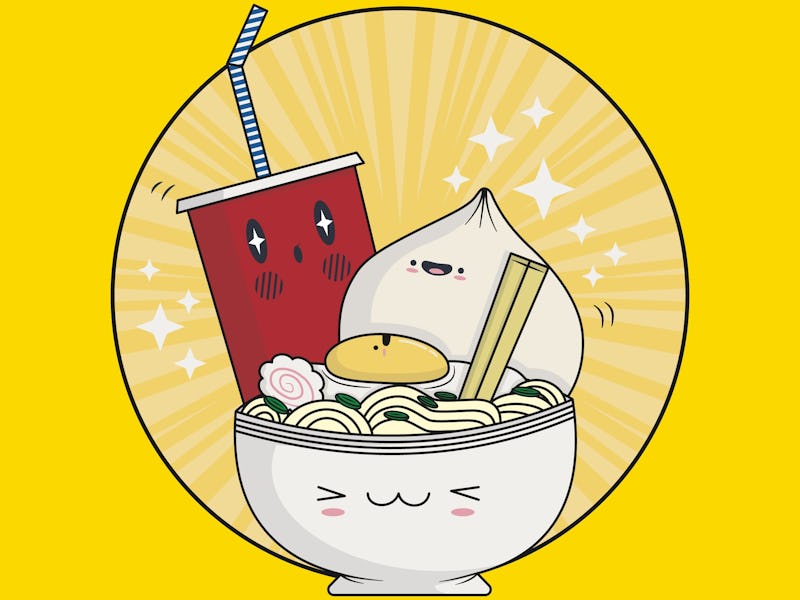 Cute Ramen Noodle Kawaii. Sushi restaurant poster of Japanese food. Vector illustration.