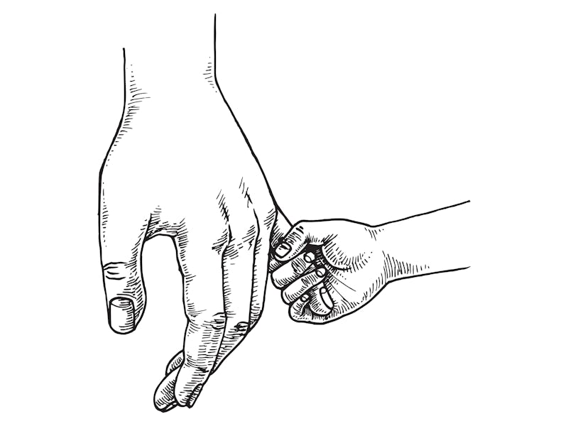 Parent and Child Holding Hand, Hand Drawn Illustration, Monochrome Isolated Vector