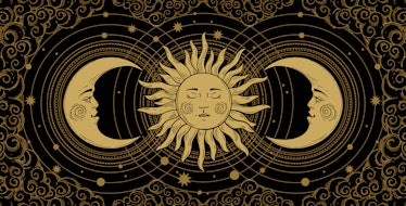 Mystical banner for astrology, tarot, boho design. Universe art, golden crescent and sun on a black ...