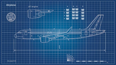 Aircraft in outline style. Blueprint of civil plane. Side view of airplane. Industrial drawing. Jet ...