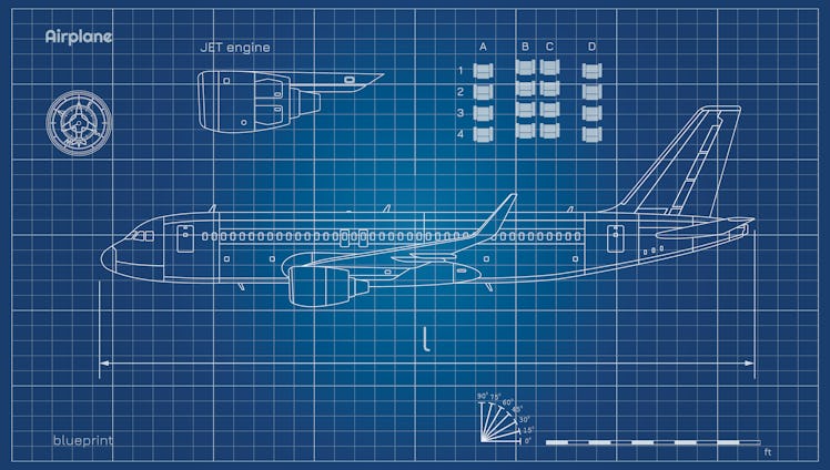Aircraft in outline style. Blueprint of civil plane. Side view of airplane. Industrial drawing. Jet ...