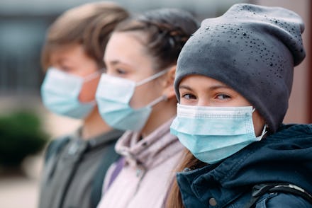 School-age children in medical masks. portrait of school children