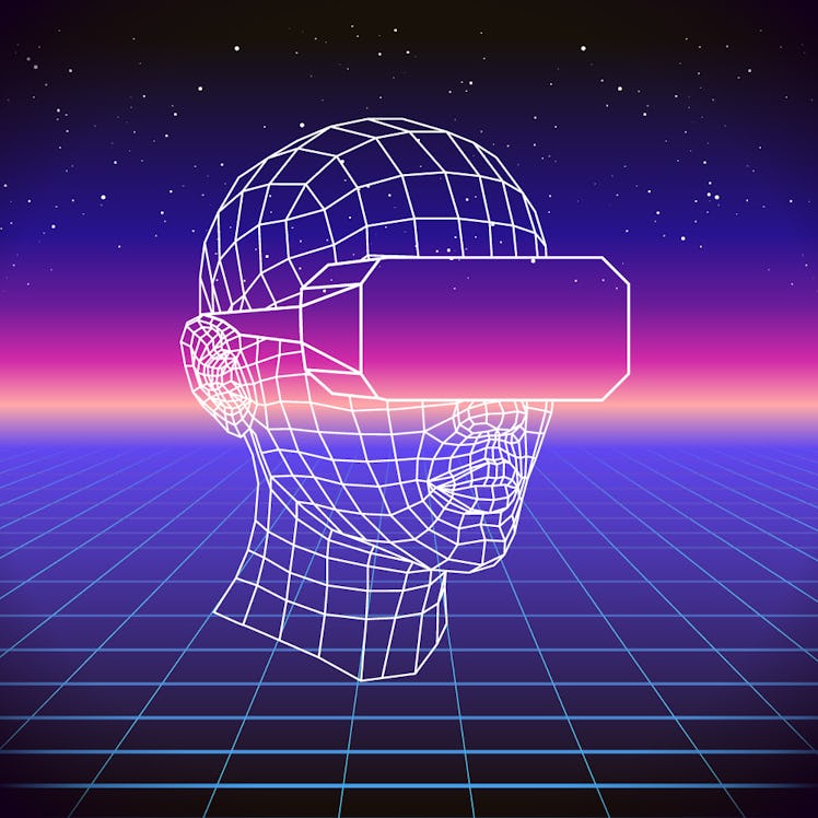 80s Retro Sci-Fi Background with VR Headset. Vector futuristic synth retro wave illustration in 1980...