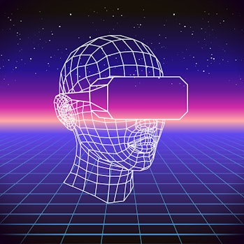 80s Retro Sci-Fi Background with VR Headset. Vector futuristic synth retro wave illustration in 1980...