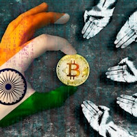 Bitcoin cryptocurrency India flag Golden Coin of Bitcoin in the Indian flag hand giving coin in to h...
