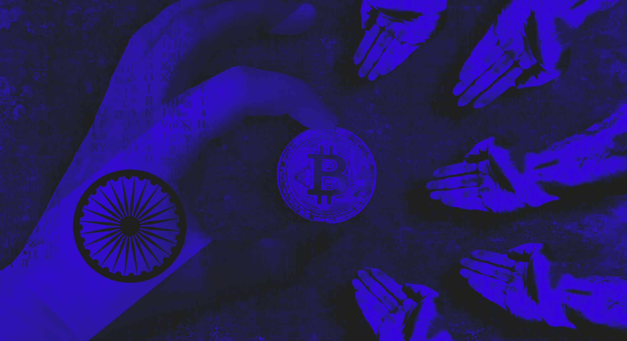 Bitcoin cryptocurrency India flag Golden Coin of Bitcoin in the Indian flag hand giving coin in to hands of poor people Grunge background with binary code of matrix effect