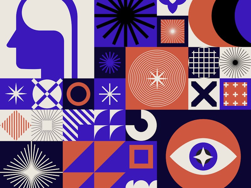 Abstract minimal composition of geometric bold simple shapes and flat illustration of head and eye. ...