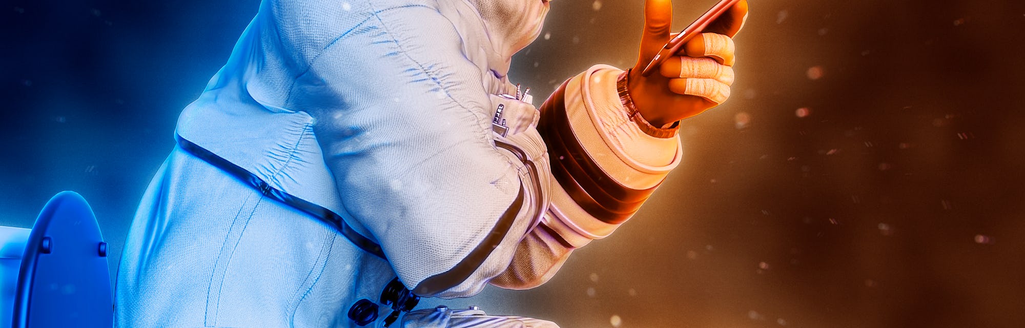 astronaut reading a tablet on the toilet close up side view, 3d illustration