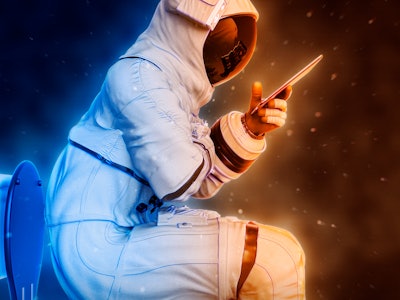 astronaut reading a tablet on the toilet close up side view, 3d illustration