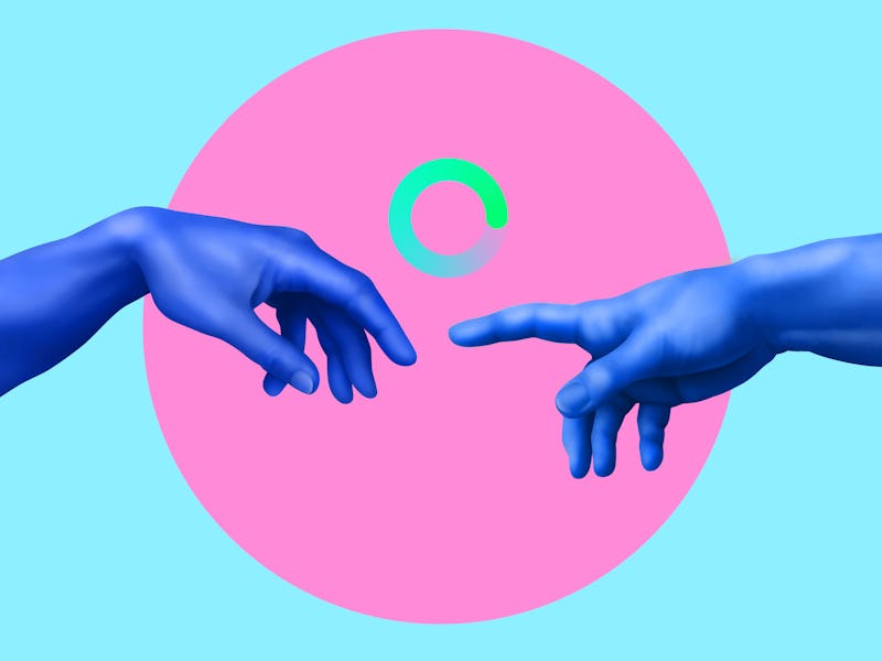Creation of Adam. Contemporary art collage. Memphis style poster concept. Minimal art, 3d illustrati...