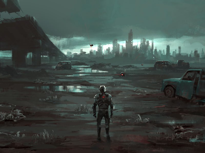 Humans return to the destroyed earth, 3D illustration.