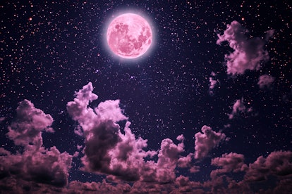 backgrounds night sky with stars and moon and clouds. Plastic Pink color. Elements of this image fur...