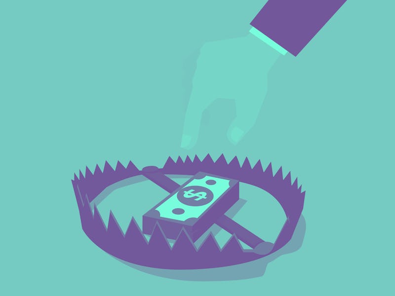 Vector of a businessman hand trying to reach money trap with dollar banknotes 