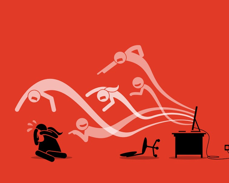 Cyberbully Coming Out from the Computer Internet to Bully and Harass a Girl. Artwork Illustration de...
