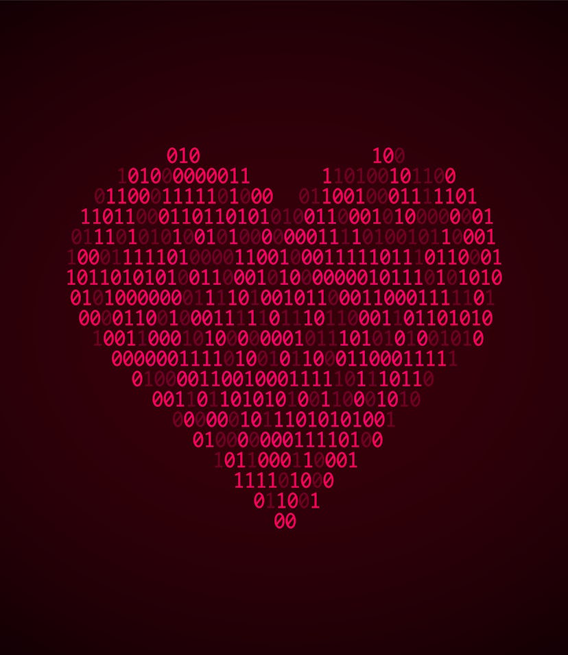 Red heart of binary code. Concept of virtual love, online Dating, robotization, artificial intellige...