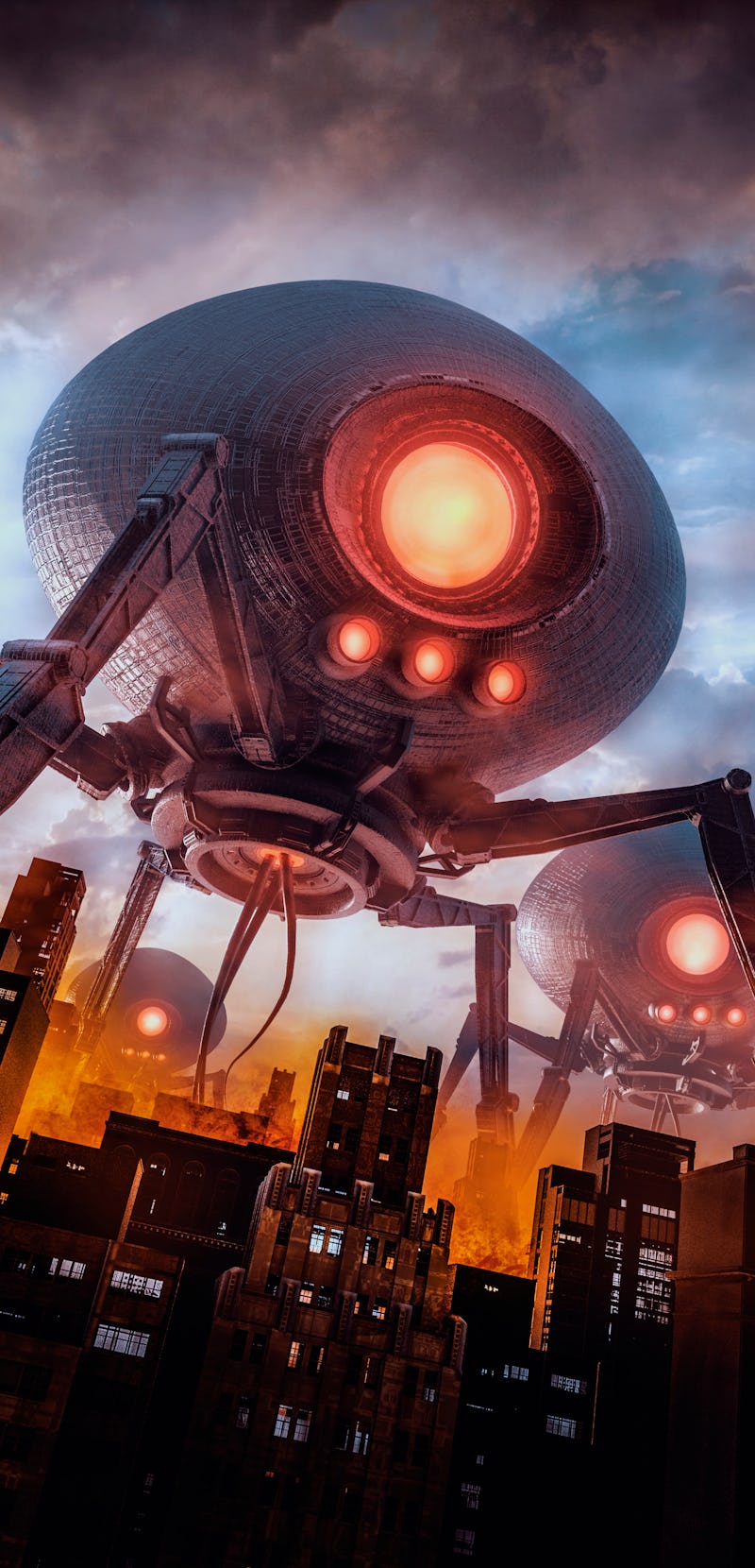 The eve of invasion / 3D illustration of retro science fiction scene with giant alien machines attac...