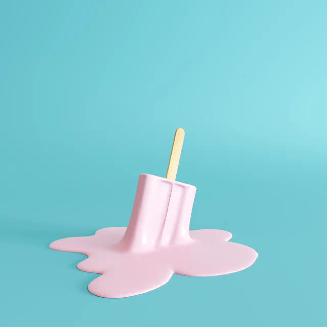 Pink stick ice cream melting on pastel blue background. Minimal summer concept. 3d rendering
