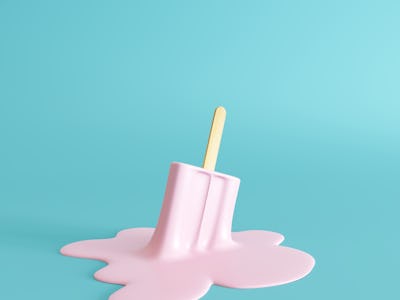 Pink stick ice cream melting on pastel blue background. Minimal summer concept. 3d rendering