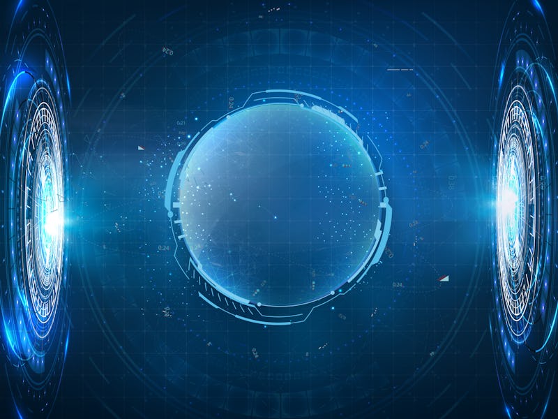 Dome shield geometric on a blue futuristic background. Hologram Bubble shield. Blank display, stage ...