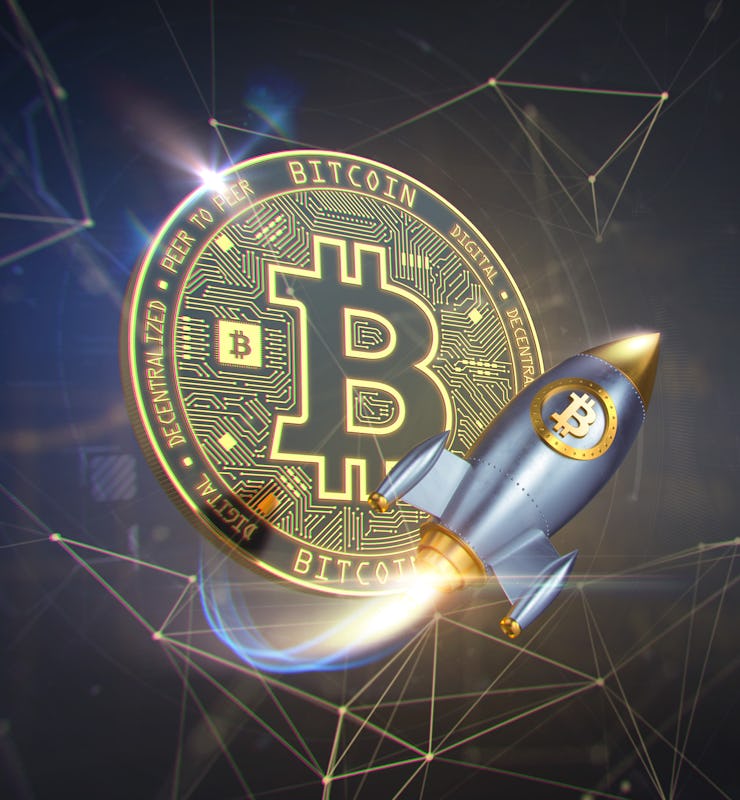 Bitcoin rocket launcher, cryptocurrency concept. The growth rate of the gold coin for designers and ...