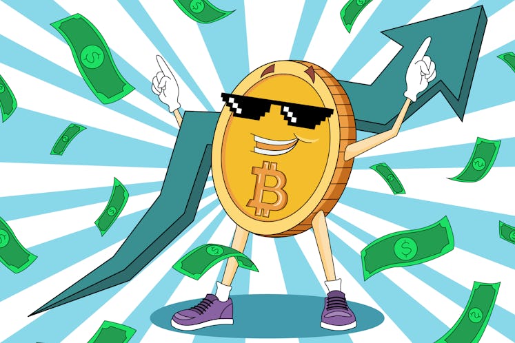 Illustration of a Bitcoin coin enjoying its price rising and holding a big green bullish arrow