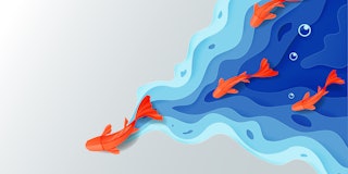 Leadership concept, Origami red orange paper fish on blue water polygonal trendy craft style, Paper ...