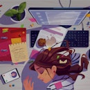 Woman sleep on workplace top view, tired girl lying on messy office desk with rubbish, spilled coffe...