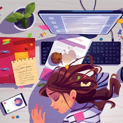 Woman sleep on workplace top view, tired girl lying on messy office desk with rubbish, spilled coffe...