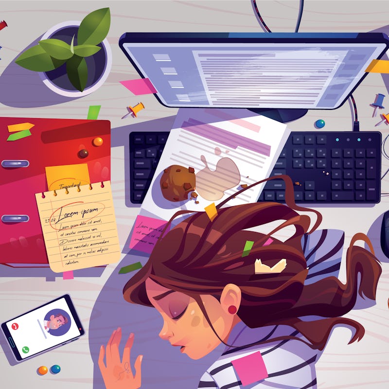 Woman sleep on workplace top view, tired girl lying on messy office desk with rubbish, spilled coffe...