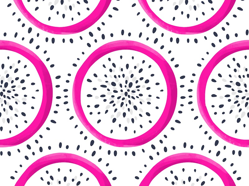 Vector dragon fruit seamless pattern. Pitaya or Pitahaya background. Exotic hand drawn illustration....