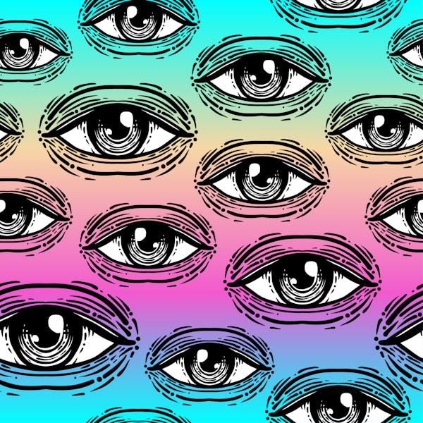 Eye, seamless pattern over colorful retro 80s, 90s abstract background. Vintage psychedelic design f...